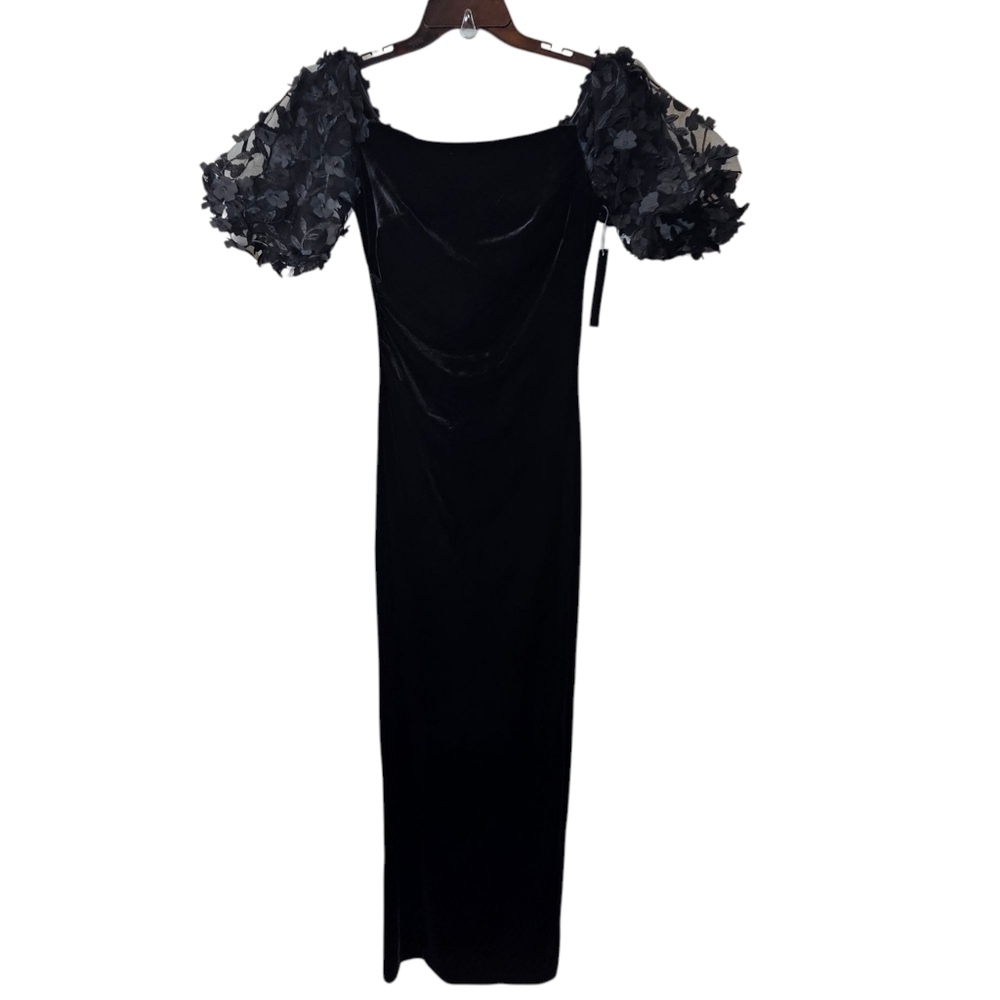 Xscape Womens Black Velvet Floral Puff Sleeve Evening Gown‎ SIZE 6